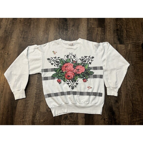 🌹 Vintage‎ Jane Colby 80s Floral Sweatshirt | Puff Print Roses | 1988 Graphic - Picture 1 of 8
